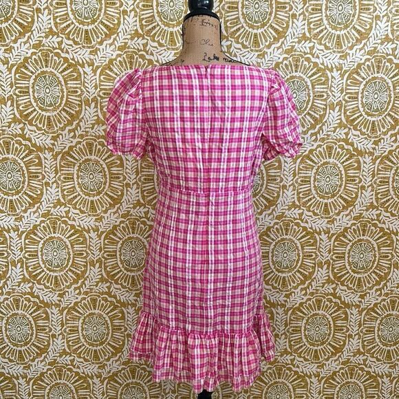 NWT LIKELY Kai Check Ruffle Hem Puff Sleeve Mini Dress in Fuchsia Multi size 10 - Picture 12 of 15